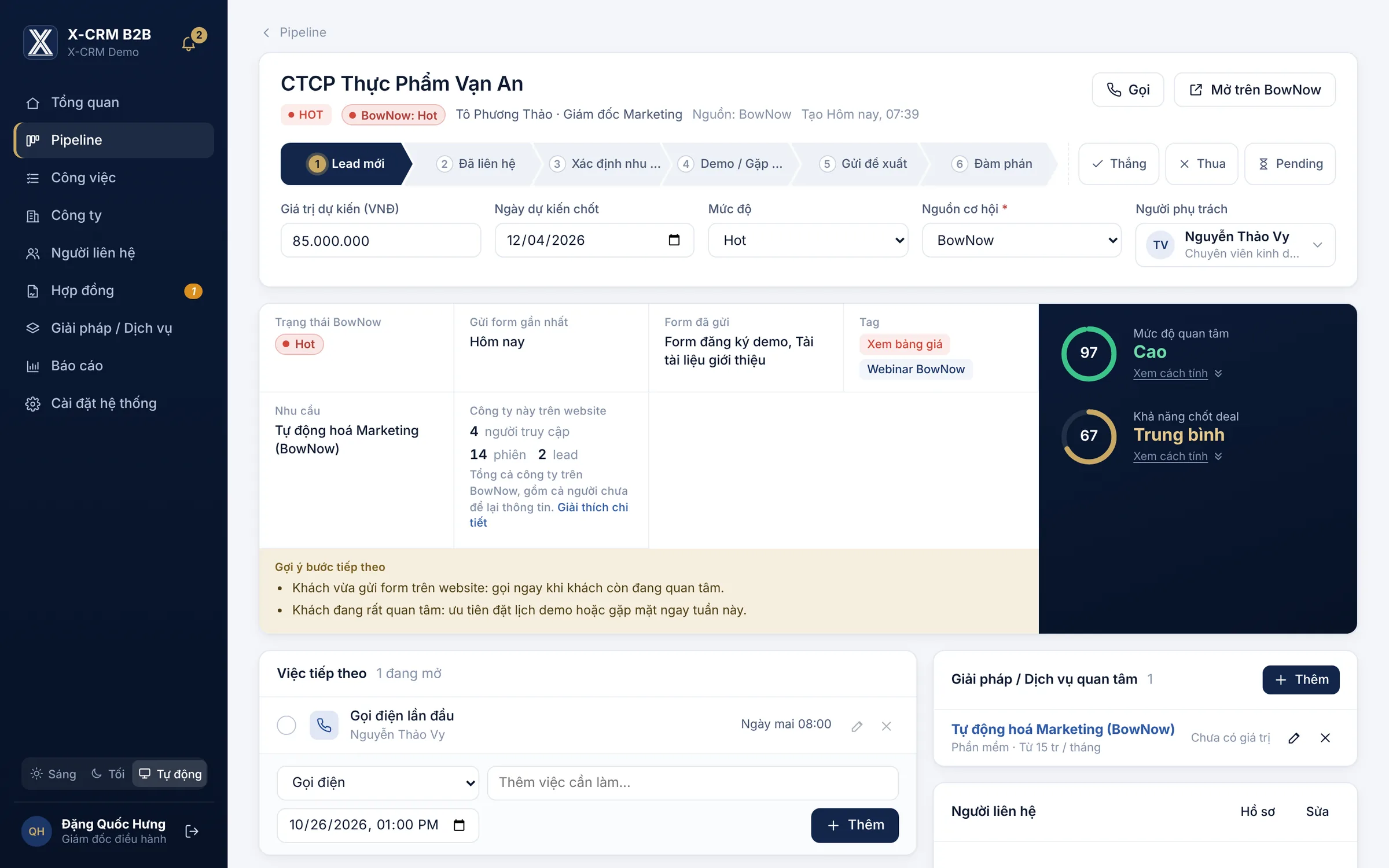 Đầu trang cơ hội: trạng thái BowNow, form đã gửi, tag, công ty trên website, mức độ quan tâm và khả năng chốt deal